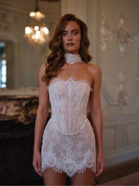 BELLA  Rosie Etienne Strapless Lace Mini Wedding Dress in White